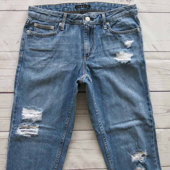Theory Distressed Ripped Off 100% Cotton Slim Straight Leg Denim Jeans - Size 26 - Picture 3 of 8